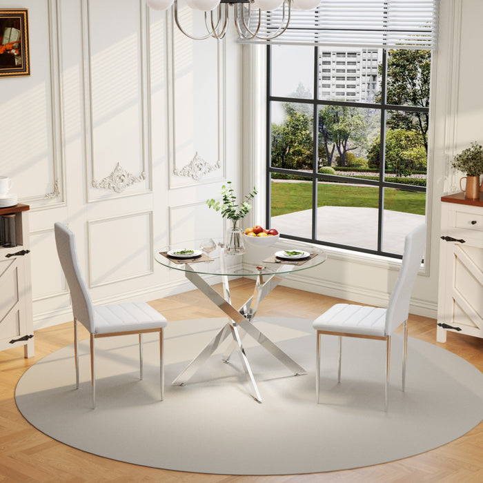 FONDHOUSE 35.5in Modern Small Round Glass Dining Table with Chromed Legs for 2-4. AWS-022-3（Plating）