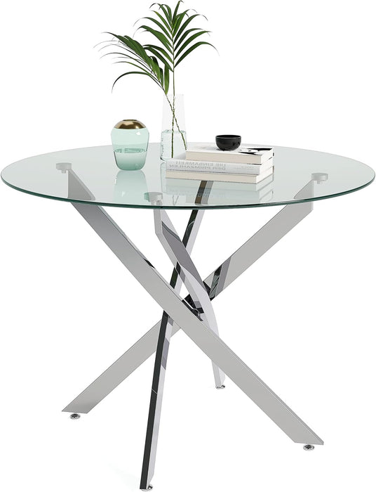 FONDHOUSE 35.5in Modern Small Round Glass Dining Table with Chromed Legs for 2-4. AWS-022-3（Plating）