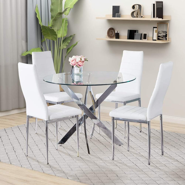 FONDHOUSE 5-Piece Modern Round Glass Dining Table Set for 4.AWS-022-3+011-1-4