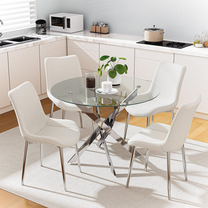 FONDHOUSE 35.5in Modern Small Round Glass Dining Table with Chromed Legs for 2-4. AWS-022-3（Plating）