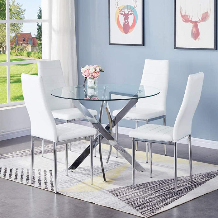 FONDHOUSE 35.5in Modern Small Round Glass Dining Table with Chromed Legs for 2-4. AWS-022-3（Plating）