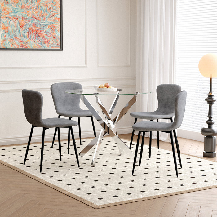 FONDHOUSE 5pcs Modern Round Glass Dining Table and Chairs Set.AWS-022-3+148-1-4