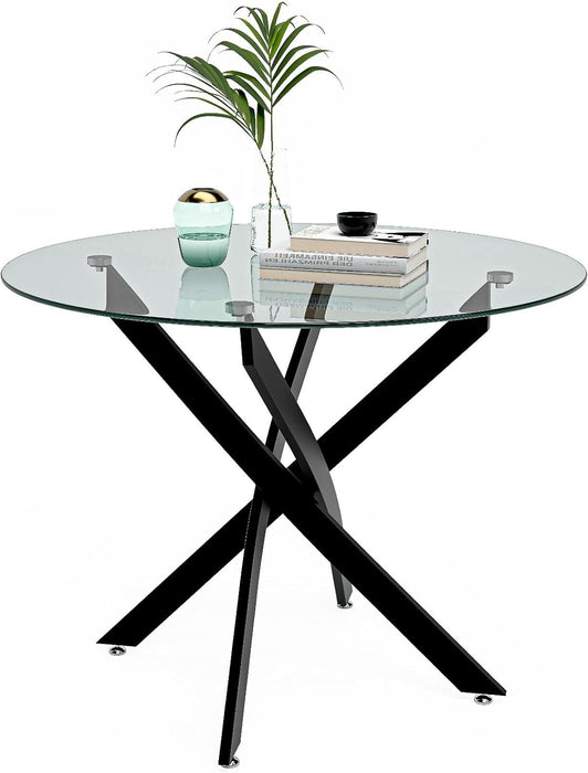 FONDHOUSE 35.5in Modern Small Round Glass Dining Table with Chromed Legs for 2-4. AWS-022-4（Black）