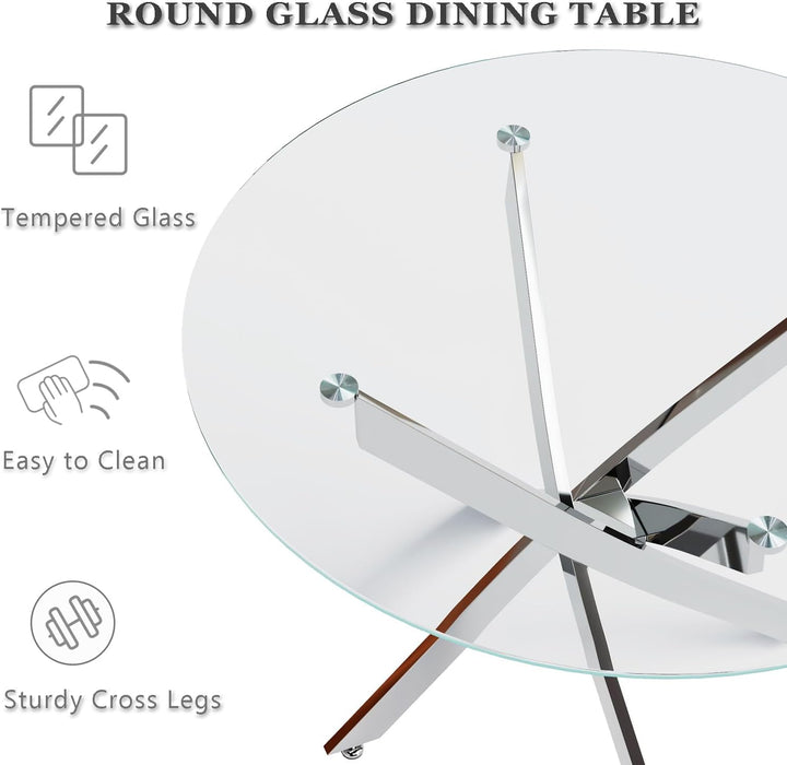 FONDHOUSE 5-Piece Modern Round Glass Dining Table Set for 4.AWS-022-3+011-1-4