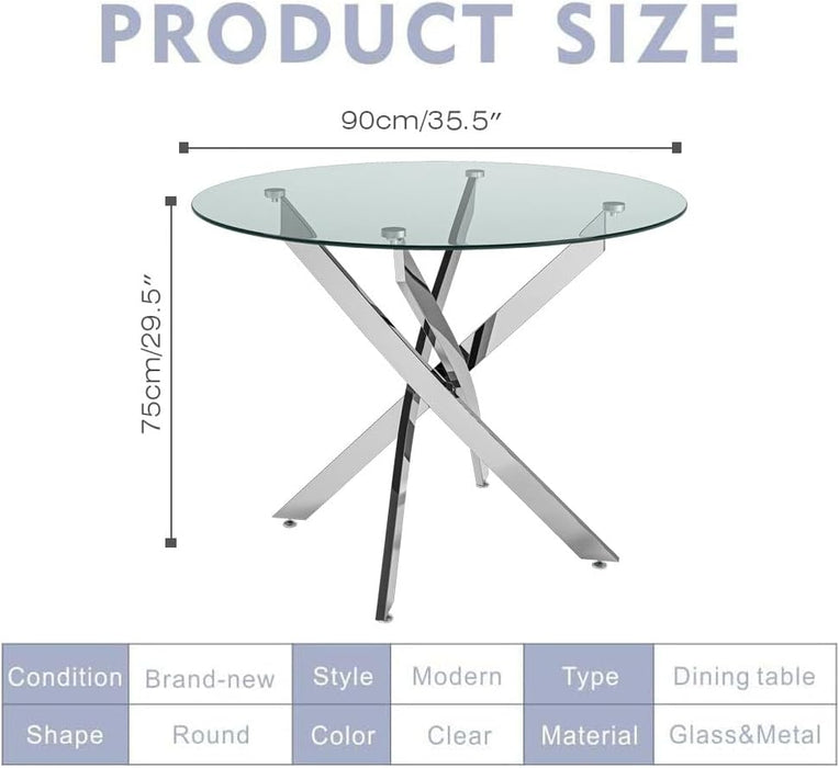 FONDHOUSE 35.5in Modern Small Round Glass Dining Table with Chromed Legs for 2-4. AWS-022-3（Plating）