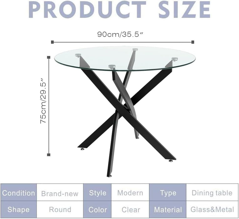 FONDHOUSE 35.5in Modern Small Round Glass Dining Table with Chromed Legs for 2-4. AWS-022-4（Black）